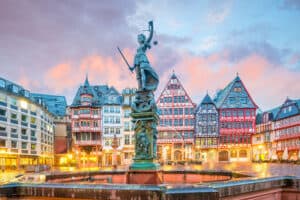 Römerberg in Frankfurt's Altstadt, a historic square with half-timbered houses and the Römer town hall.